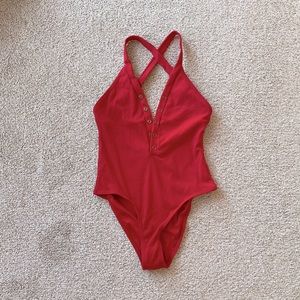 Mapal ribbed henley button up open criss cross back one piece swim bodysuit red.